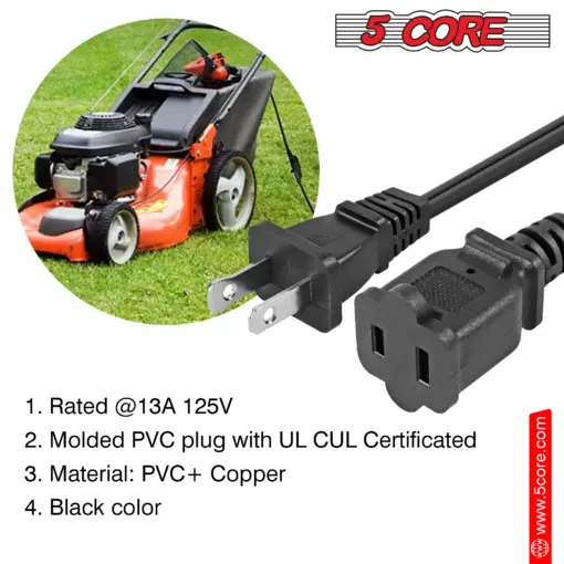 5 Core AC Power Cord 10 Ft ? 2 Prong Extension Adapter ? 16AWG/2C 125V 13A ? US Polarized Male to Female Outlet Extension Cable Black- EXC BLK 10FT - Image 10