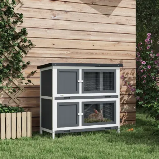 PawHut Wooden Bunny Rabbit Hutch, Small Animal Habitat with Ramp, Removable Tray & Weatherproof Roof, Indoor/Outdoor, Gray - Image 10